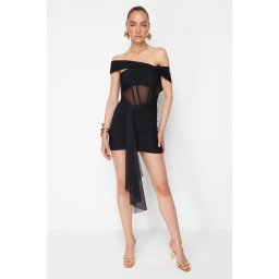 Trendyol X Zeynep Tosun Black Knitted Tulle Detailed Elegant Evening Dress