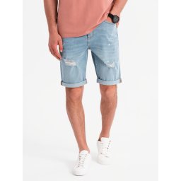 Ombre Men's short denim shorts with rubbing and rolled up leg - light blue