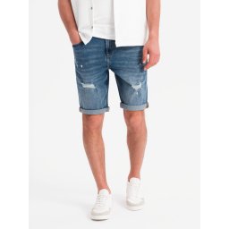 Ombre Men's short denim shorts with rubbing and rolled up leg - blue