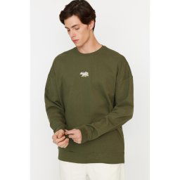 Trendyol Navy Blue Oversize/Wide Cut Fit Animal Embroidered Fleece/Warm Sweatshirt