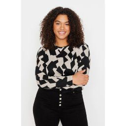Trendyol Curve Multicolored Patterned Bodycone/Fits Body Ribbed Knit Plus Size Blouse