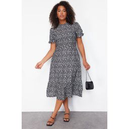 Trendyol Curve Black High Collar Animal Patterned Balloon Sleeve Long Woven Dress