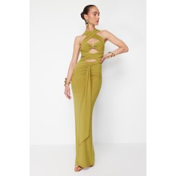 Trendyol X Zeynep Tosun Oil Green Cut Out Knitted Tie Detailed Evening Dress & Graduation Dress