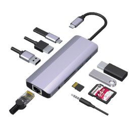 USB HUB, 9-in-1 multi-port RJ45+USB3.0+SD+USB-C+HDMI+USB2.0+3,5mm Gembird A-CM-COMBO9-06