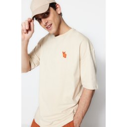 Trendyol Beige Oversized Short Sleeve Fox Embroidery 100% Cotton T-Shirt