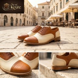 Braon bele Oxford cipele od napa kože