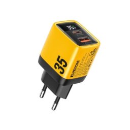 Wekome WP-U25 Superbrzi Strujni GaN Punjač, 2-porta USB (3.0 i 3.1 Tip-C) 35W, sa displejom, žuti