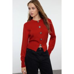 Trendyol Dark Red Premium Yarn/Special Yarn Crop Rose Buttoned Jacket-Look Knitwear Cardigan