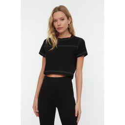 Trendyol Black 100% Cotton Crop Crew Neck Knitted Sports T-Shirt