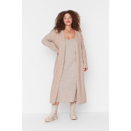 Trendyol Curve Beige Soft Cardigan-Dress Knitted 2-Piece Set Plus Size Dress