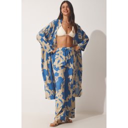Happiness İstanbul Women's Blue Beige Patterned Viscose Kimono Palazzo Pants Suit