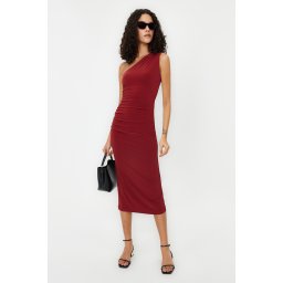 Trendyol Tile One Shoulder Draped Fitted Stretchy Knitted Midi Pencil Dress