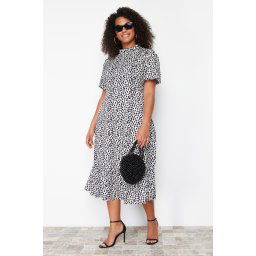 Trendyol Curve Cream Stand Collar Animal Patterned Balloon Sleeve Long Woven Dress
