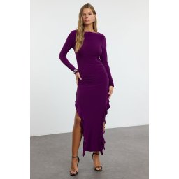 Trendyol Purple Plain Ruffle Midi Skirt Flounce Boat Rock Maxi Flexible Knitted Knit Dress