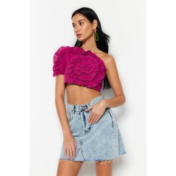 Trendyol Fuchsia Crop Weave Ruffled One-Shoulder 100% Cotton Blouse