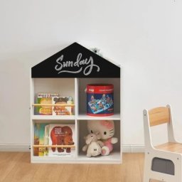 Kinder home dečija polica za igračke i knjige kućica sa policama i tablom za crtanje, montesori, bela ( TF-6919-G )