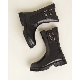 Ženske kožne ravne poluduboke čizme A1501 crne