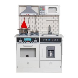 Dečija drvena kuhinja sa zvukom, svetlom i priborom za kuvanje - belo/siva