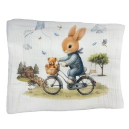 Deksi četvoroslojni muslin prekrivač za bebe Zeka na biciklu - plavi 120 x 120 cm