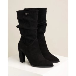 Ženske kožne poluduboke čizme na debelu štiklu 78821 crne