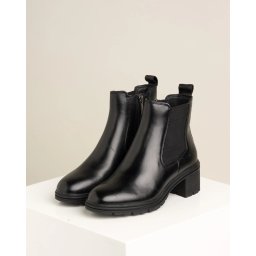 Kožne ženske poluduboke čizme na blok petu 25456-43 crne