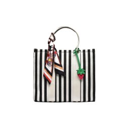 T012638BLK – Crna tekstilna torba na prugice sa ukrasnom maramom