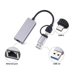 Mrežni Adapter 2-u-1 USB-C + USB 3.0 na Gigabit Ethernet RJ45 (1000Mbps)