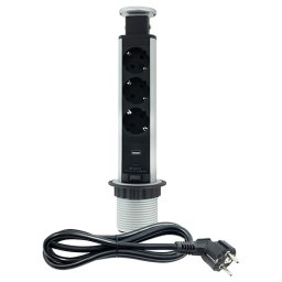 Priključnica srebrno 1.8m -crna POPUP nameštajska trostruka + USB Tip-A+Tip-C 5V 2.1A 10W, 16A 250V-3600W 3x1.5mm2 ME-PN-1203-USB/S-3