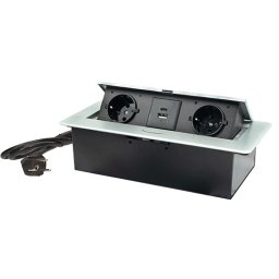 Priključnica srebrno 1.5m -crna POPUP nameštajska dvostruka + USB Tip-A+Tip-C 5V 2.1A 10W, 16A 250V-3600W 3x1.5mm2 ME-PN-1209-USB/S-2