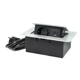 Priključnica srebrno 1.5m -crna POPUP nameštajska + USB Tip-A+Tip-C 5V 2.1A 10W, 16A 250V-3600W 3x1.5mm2 ME-PN-1214-USB/S-1