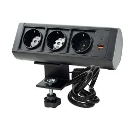 Priključnica crna 1.5m nameštajska sa držačem trostruka + USB Tip-A+Tip-C 5V 2.1A 10W, 16A 250V-3600W 3x1.5mm2 ME-PN-1218-USB/S-3