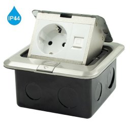 srebrni POPUP PODSKLOP za pod sa priključnicom IP44 GS + Cat5e LAN, 16A 250V-3600W ME-PN-1219/S-3