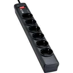 Eaton Protection Strip 6 DIN, 10A, 2500W; Input: Schuko, Outputs: (6) Schuko; Power Cord Lenght 1m; Over voltage protection; On/Off switch; LED indication; 2yr warranty