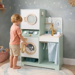 Kinder Home Dečija drvena mašina za pranje veša 3 u 1 sa sudoperom sa tekućom vodom i mašinom za sušenje veša ( V10L030 )