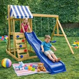 Kinder Home Dečiji drveni set za igru na otvorenom 4 u 1 – tobogan 1,8 m, 2 ljuljaške, penjalica i mreža od konopaca, 308×318×244 cm ( SG3