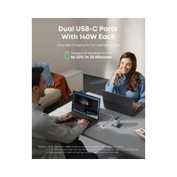 Anker 140W GaN zidni brzi punjač, 4-porta (3x USB-C i 1x USB-A) sa USB-C M/M pletenim kablom, srebrni