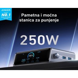 Anker Prime 250W GaN stoni brzi punjač, 6-portova (4x USB-C, 2x USB-A) srebrni