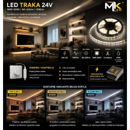 LED traka bela 24V SMD 5050 60 LED/m 5m (Boja svetlosti: HLADNO BELA - 6500 kelvina)