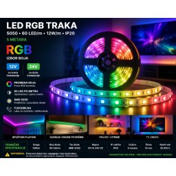 LED RGB traka 5050 60 LED/m 12W IP20 NA 12V ili 24V (Napajanje: 24 V)