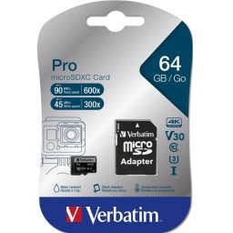 VERBATIM MICRO SDXC CARD PRO U3 C10 64GB INCL ADAPTER