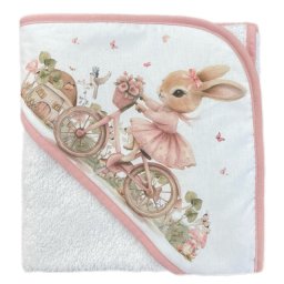 Deksi Peškir za bebe sa kapuljačom Zeka na biciklu rozi 75 x 75cm