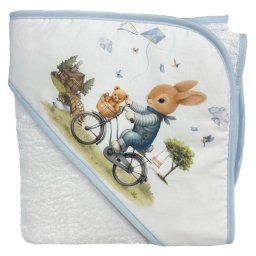 Deksi Peškir za bebe sa kapuljačom Zeka na biciklu plavi 75 x 75cm
