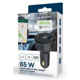 TA-UC-AC2PD65LCD-CAR-01 Gembird 2-port USB brzi punjac za auto, Type-C PD, LCD, 65W, black
