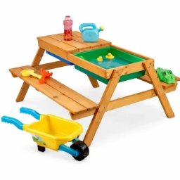 Kinder Home dečji drveni sto sa klupama i peskarnikom – 2u1, podizna ploča ( WSB-9080 )