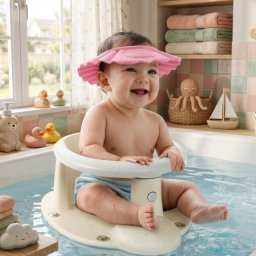 Set za kupanje bebe – Dolu sedište bež + Canpol štitnik roze