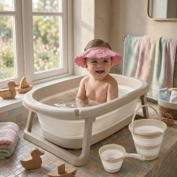 Set za kupanje bebe – Dolu kadica set bež + Canpol štitnik roze
