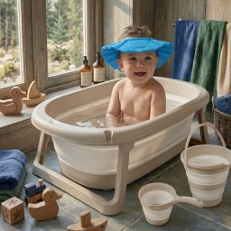 Set za kupanje bebe – Dolu kadica set bež + Canpol štitnik plavi