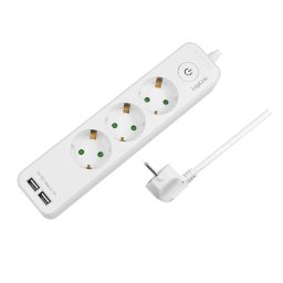 Logilink produžni kabl 3 mesta, 2 USB, prekidač, 1.5m, beli