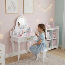 Veliki drveni toaletni sto za decu sa ogledalom i roze dodacima, ECOTOYS