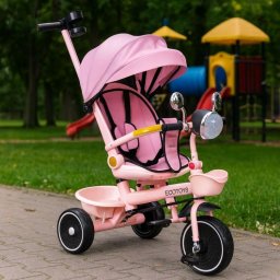 Tricikl za decu sa rotirajućim sedištem, gurajućim rukohvatom i tendom pink,ECOTOYS